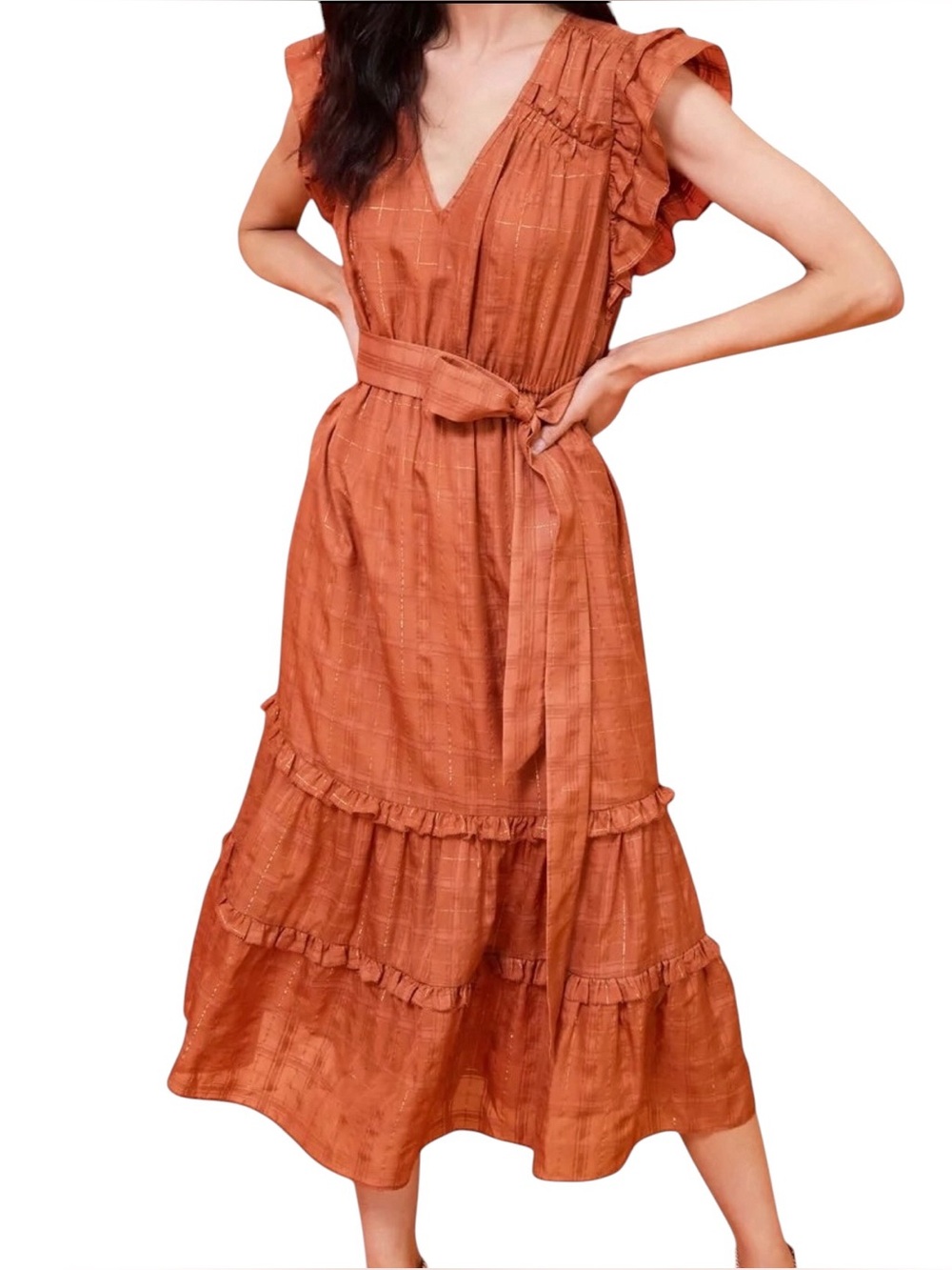 Marie Oliver Phoebe Cotton & Silk Check Flutter Sleeve V-Neck Tiered Maxi Dress